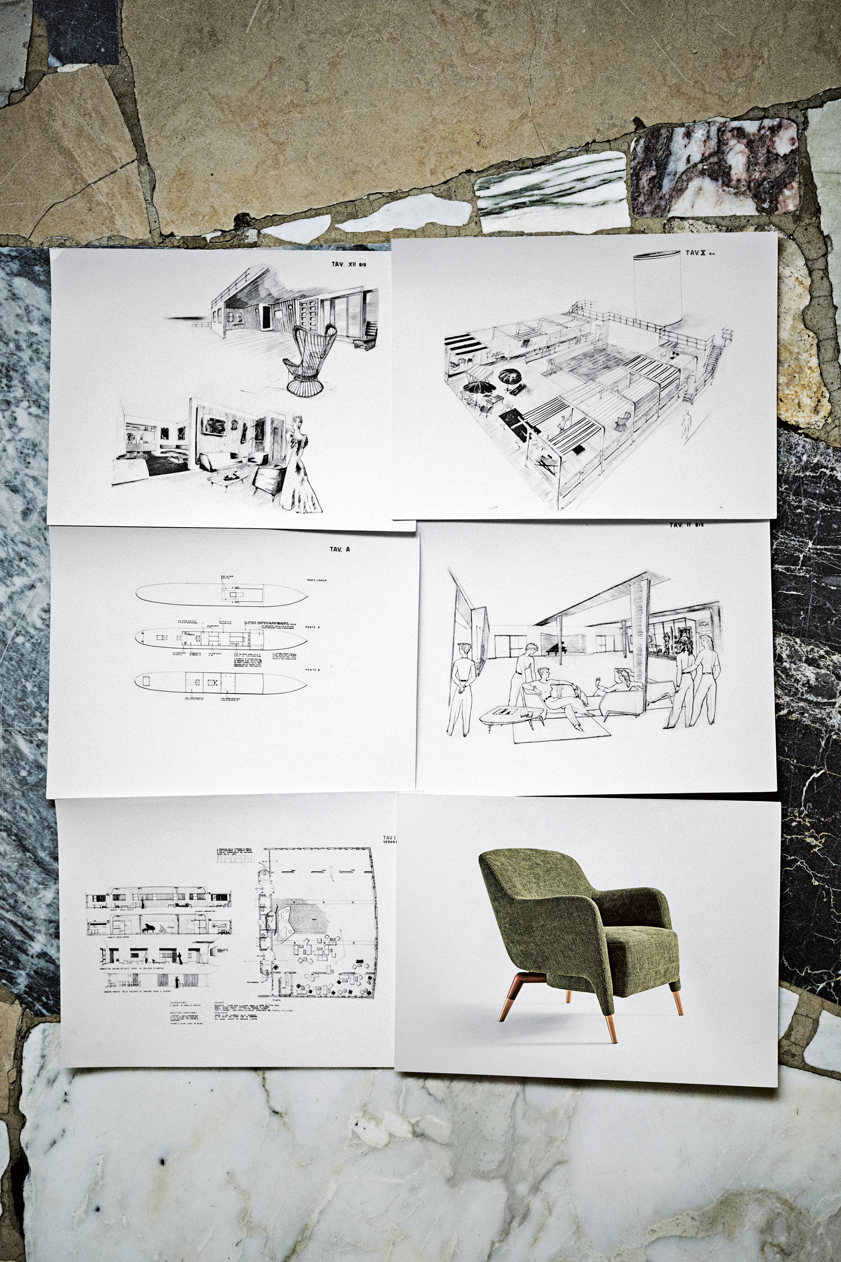 Disegni per il transatlantico Conte Biancamano. Tratta da Molteni Mondo, Rizzoli NY, 2024. Foto di Oliver Helbig. Su concessione degli Archivi Gio Ponti. D.151.4 sul transatlantico Andrea Doria, design di Gio Ponti. Per gentile concessione degli Archivi Gio Ponti, CSAC Parma.