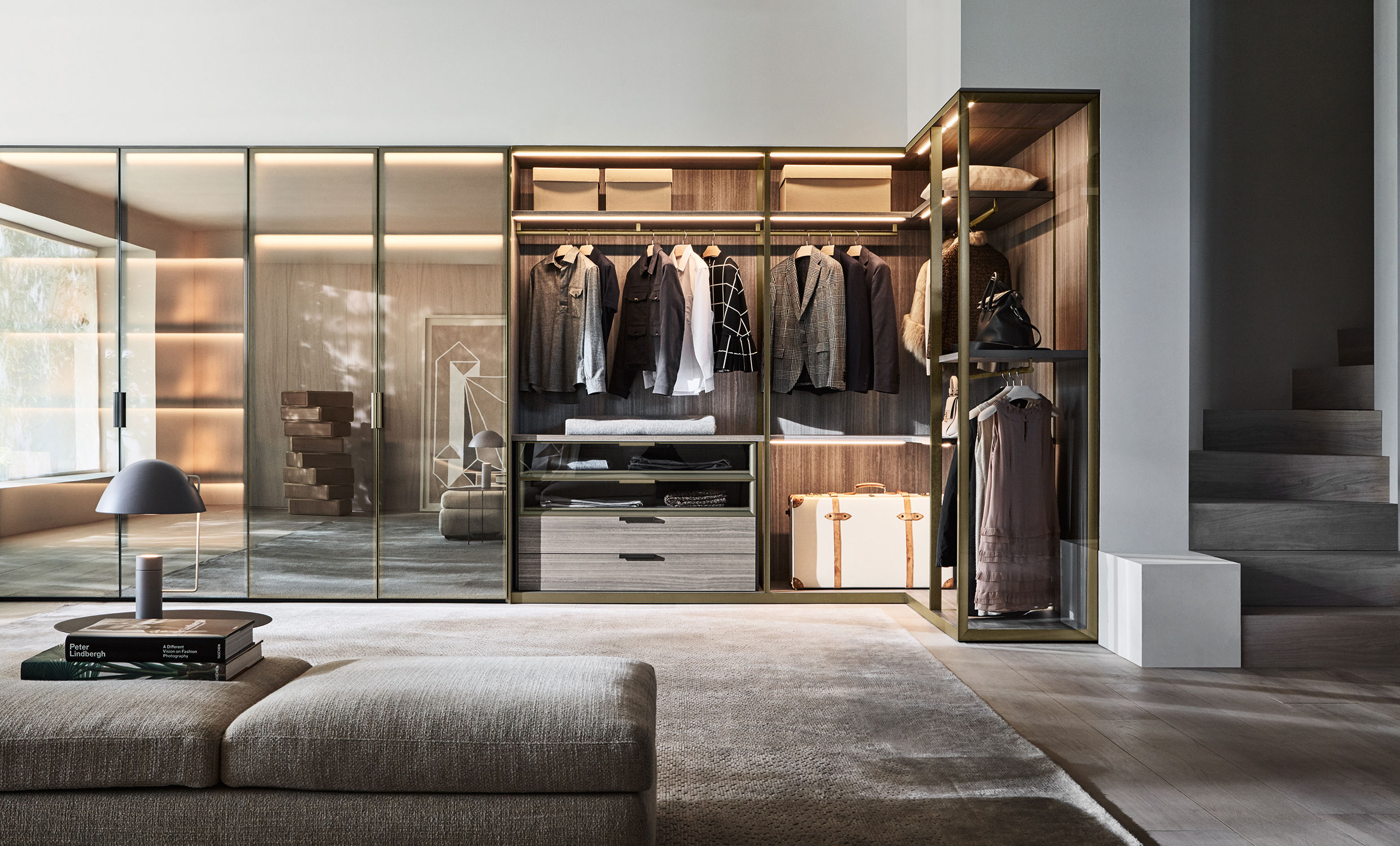 backlit closet with glass doors